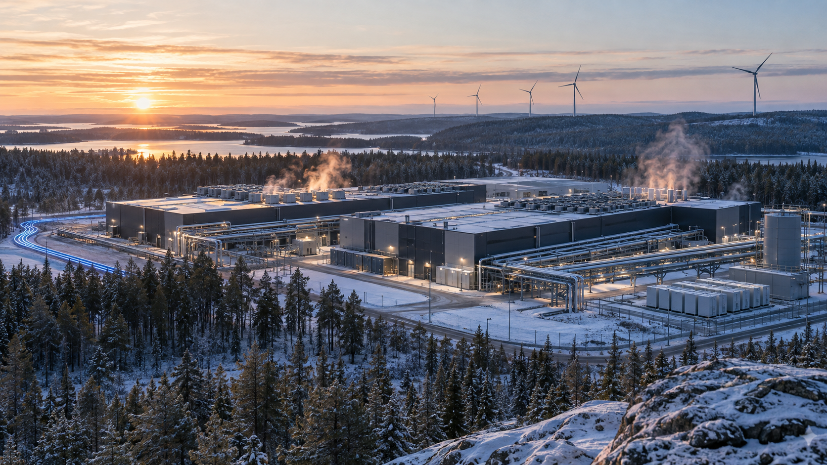 Original Nordic data-centre campus with wind generation, battery storage and heat-recovery infrastructure