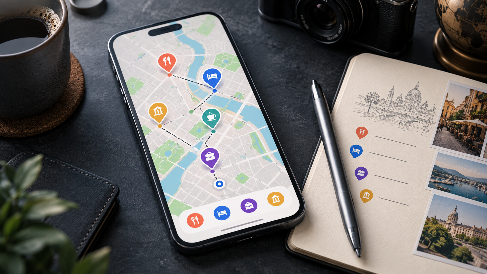Original editorial illustration of a smartphone map organizing saved travel and business locations