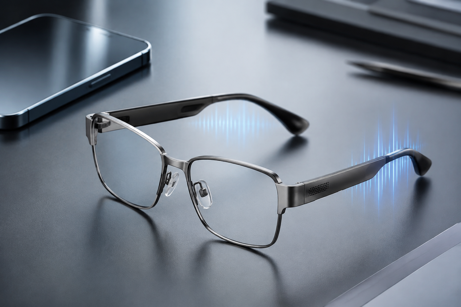 Original slim smart audio glasses with subtle sound-wave lighting on a professional desk